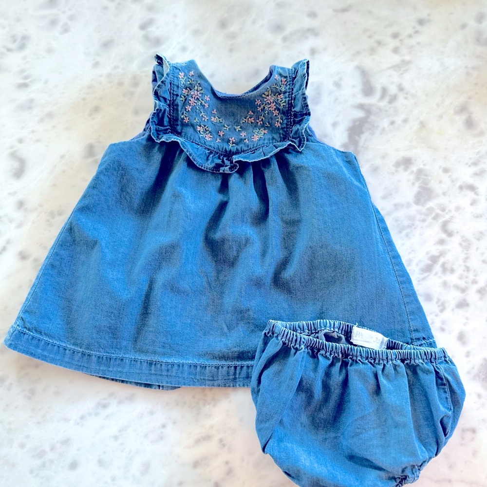 Zara Denim dress with bloomers and embroidered pink flowers